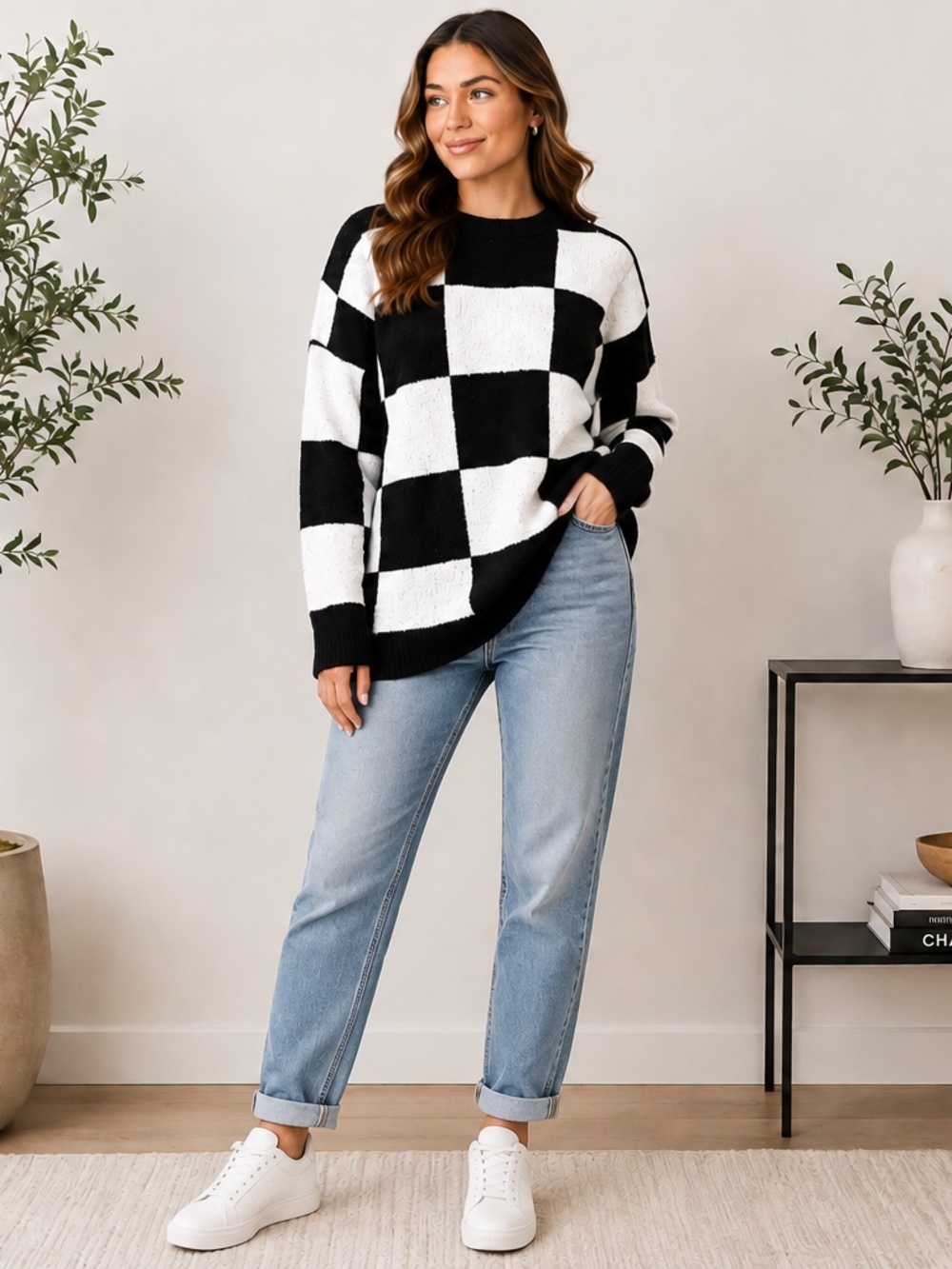 Moa Moa Black White Checkered Oversized Modern Soft Sweater Size L NWOT - Picture 16 of 16
